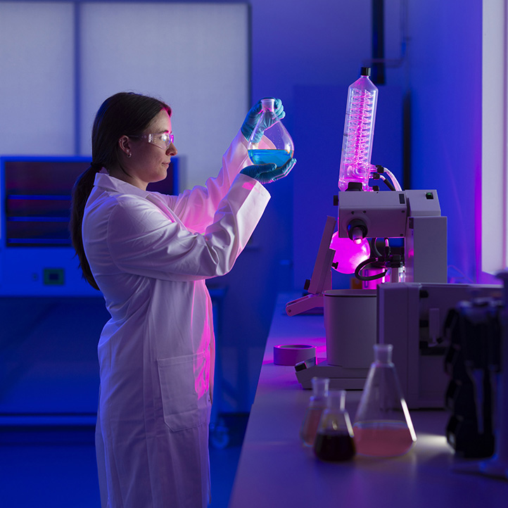 A woman in a lab coat holding a flask filled with blue liquid in a lab.